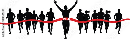 Finish line runner vector in black silhouette with red ribbon for achievement, competition, and success-themed design graphics.