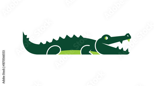 Stylized illustration of a green crocodile with open mouth and sharp teeth, ready to strike.