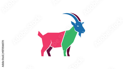 Colorful goat illustration with vibrant hues and geometric shapes on white background.