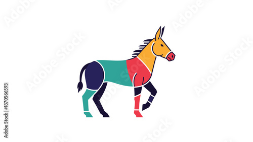 Colorful donkey illustration with vibrant hues and segmented body design, walking gracefully.
