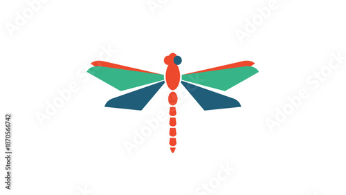 Colorful dragonfly illustration with geometric wings and vibrant design on white background.