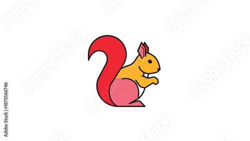 Cartoon squirrel with a vibrant red tail and a playful pose on white background.