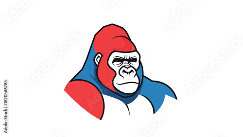 Colorful gorilla illustration with red, blue, and white colors, a striking portrait.