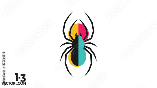 Colorful spider illustration with geometric shapes and vibrant hues on white background.
