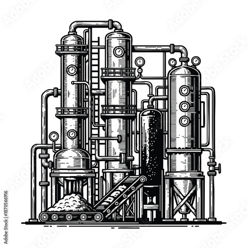 Vintage style industrial processing plant illustration with complex machinery, pipes, tanks, and conveyor belt for manufacturing and production