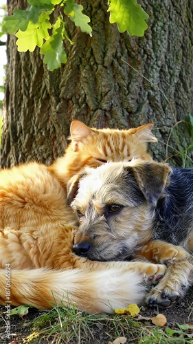 Cat and Dog Resting Together: A Serene Moment of Friendship Under a Tree Canopy