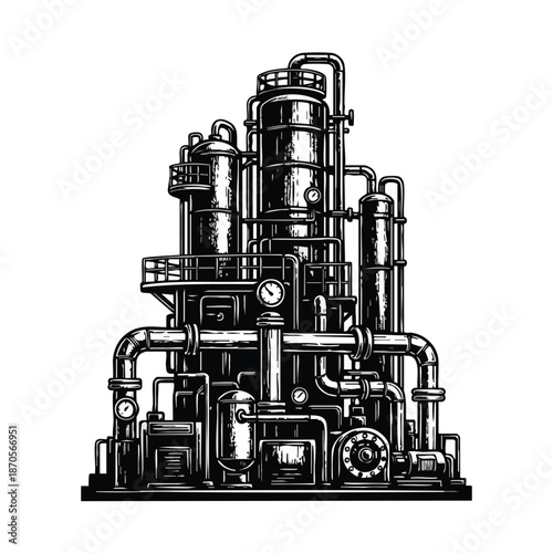 Industrial oil refinery complex with pipes, tanks, and gauges, detailed illustration in black and white