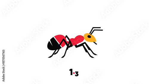 Artistic illustration of an ant with a heart-shaped body, vibrant colors and design.