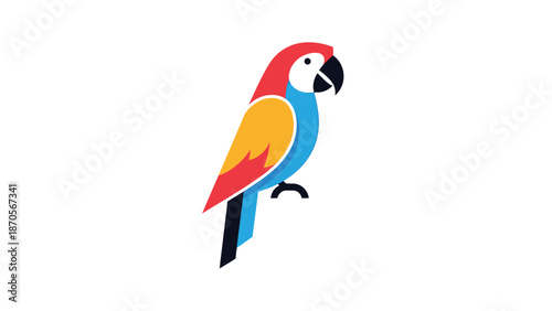 Colorful parrot illustration with vibrant plumage perched elegantly, isolated on white background.