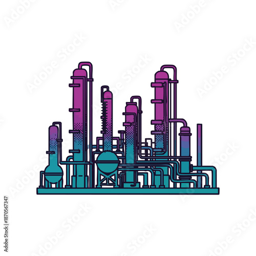 Modern industrial complex with distillation towers and pipes, abstract colorful illustration