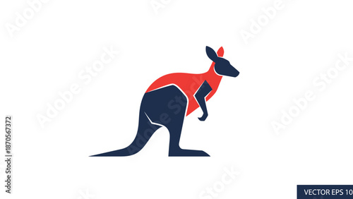 Stylized kangaroo illustration with red and dark blue color scheme on white background.