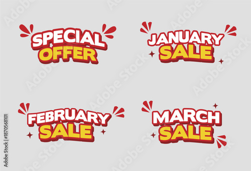 Colorful Set of Monthly Sale Promotional Labels and Special Offer Typography Stickers with Bold 3D Text Effect for Retail Marketing, E-commerce Discounts, and Seasonal Advertising Campaigns.