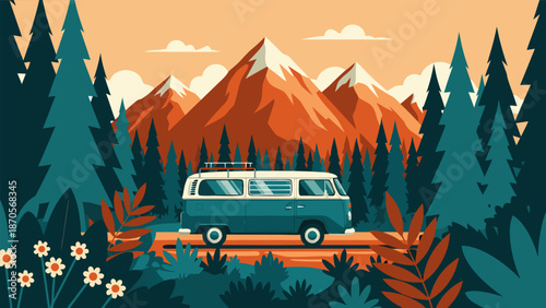 A scenic mountain landscape vector illustration featuring a vintage camper van on a road trip, surrounded by pine trees and vibrant foliage, evoking a sense of adventure and nature exploration