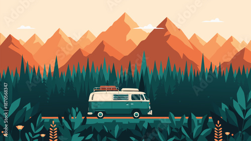 Vector illustration of a vintage camper van driving through a lush forest with majestic mountains in the background, perfect for travel and adventure themes