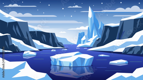 stunning vector illustration of a frozen arctic landscape with icy mountains and a calm blue sea