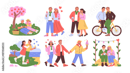 Love Story: A vibrant collection of illustrations depicting affectionate couples sharing intimate moments, from picnics and strolls to bike rides and heartfelt embraces.