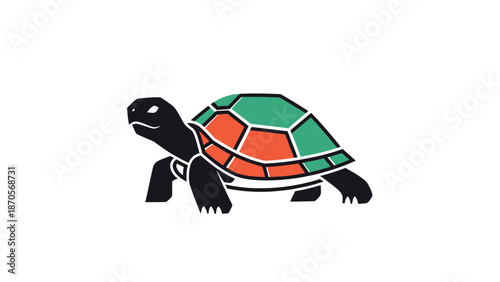 Colorful turtle illustration with geometric shell design and black body.