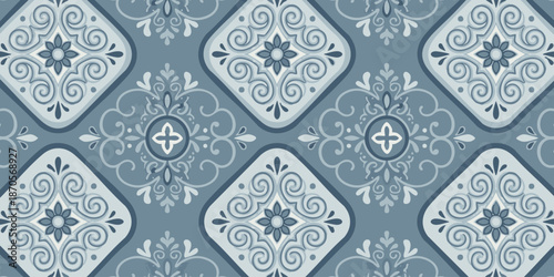 Ornate blue and white patterned tiles arranged in a repeating design with floral motifs and swirling shapes