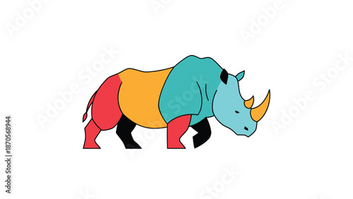 Colorful rhinoceros illustration with vibrant hues and artistic design, a unique animal.