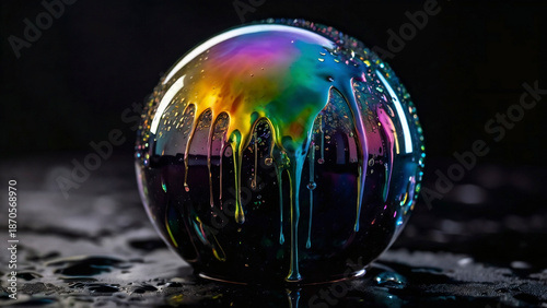 Iridescent Holographic Slime Dripping on Matte Black Sphere, Abstract ASMR Sensory Texture with Vibrant Prismatic Reflections