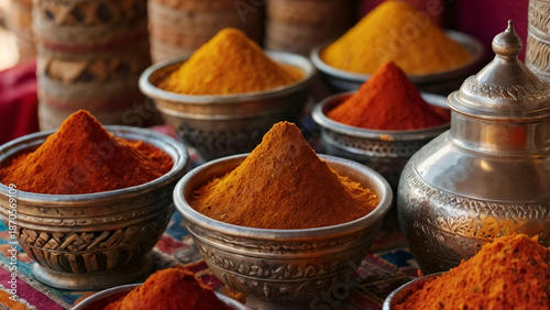 Traditional Spice Market Display with Vibrant Red, Orange, and Yellow Spices in Silver Bowls on Patterned Textile, Exotic Culinary Concept