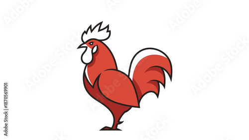 Vibrant red rooster illustration standing proudly against a white background.