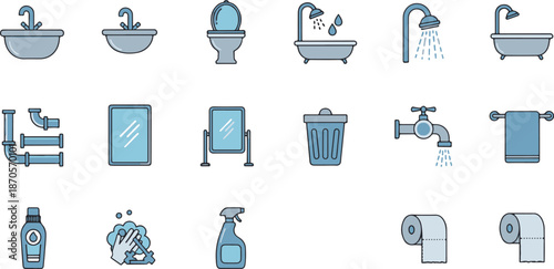 Bathroom and Sanitation Flat Icon Set with Toilet Sink Shower and Accessories