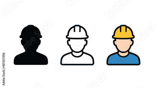 Three construction workers icons in different styles on a white background