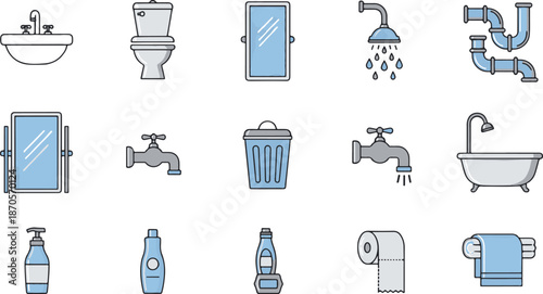 Bathroom and Sanitation Flat Icon Set with Toilet Sink Shower and Accessories