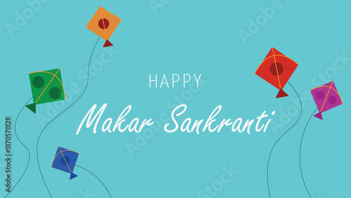 Colorful Makar Sankranti motion graphic 4K with flying kites on blue background. Festive animation for Indian festival greeting, celebration video, social media, intro, and digital display.