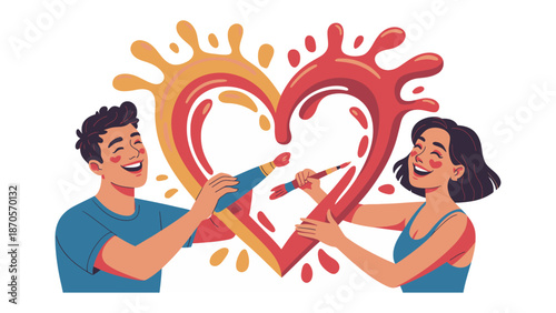 A Symphony of Love: A cheerful couple collaboratively paints a vibrant heart, a symbol of their blossoming affection and shared creativity. Capturing their joyful spirit of togetherness