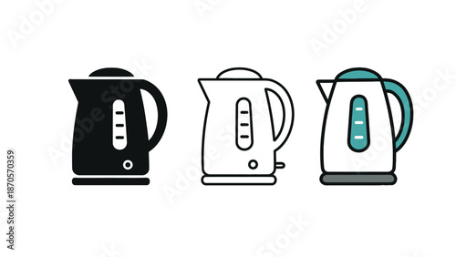 Three electric kettle icons in different colors on a white background