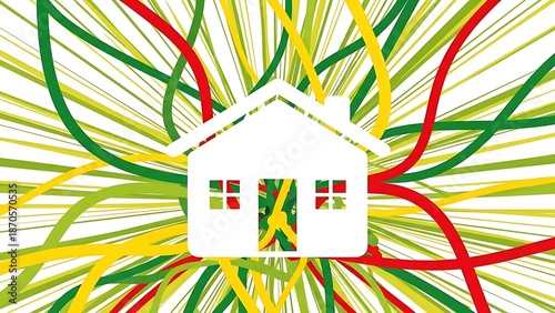 Colorful House with Vibrant Lines and Jamaican Flag.