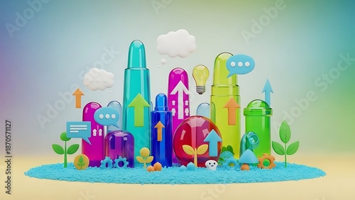 Colorful Cartoon Cityscape with Dinosaur Buildings and Trees.