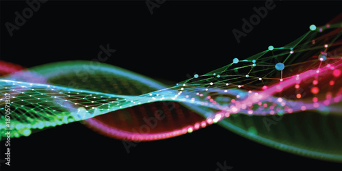 Futuristic blue DNA lines glow in an abstract colorful background with a bright, flowing wave design illustrating technology and energy