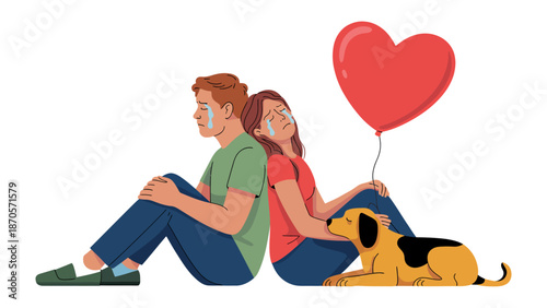 Heartbreak and Comfort: A poignant illustration captures a moment of emotional vulnerability, with a dejected couple sitting back to back, tears streaming down their faces.