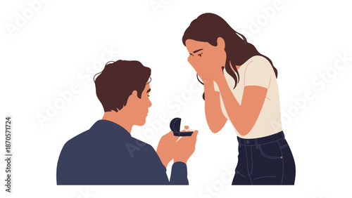 Romantic Proposal Moment: A tender scene unfolds as a man kneels, presenting a ring to a woman overcome with emotion, symbolizing the start of a beautiful journey together.