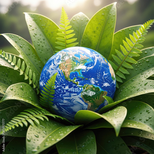 Planet Earth Nestled Amongst Lush Green Leaves Symbolizing Environmental Protection.