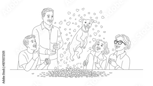 Family Joy: A heartwarming depiction of a family celebrating with a playful dog, capturing a moment of laughter and togetherness.