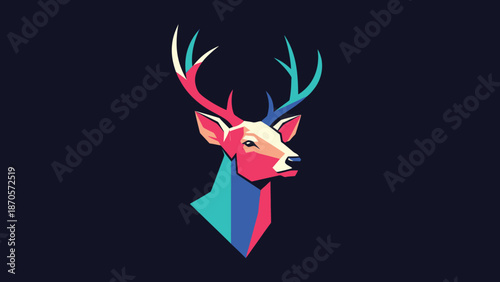 Vibrant geometric deer portrait against a dark background, artistic illustration.