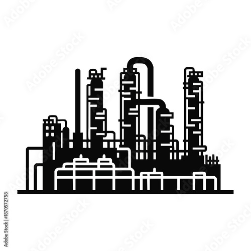 Silhouette of an industrial oil refinery complex with towers, pipes, and tanks, black and white vector illustration.