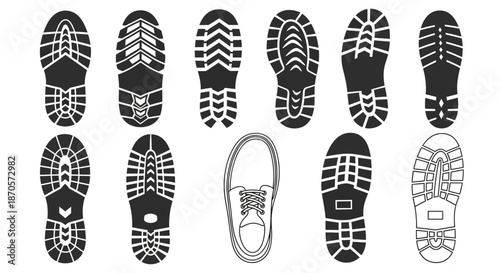 A collection of various shoe soles and a single shoe on a white background