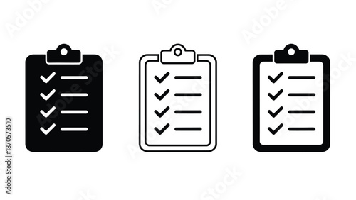 Three black and white clipboard icons with checklists on a plain background