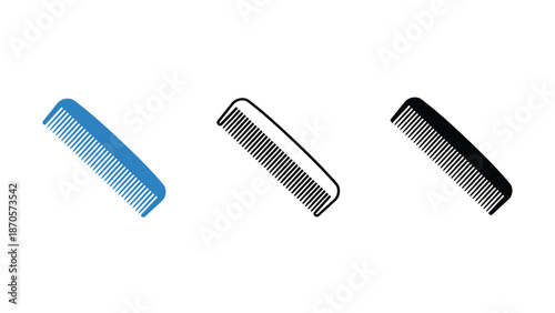 Three combs in different colors on a white background for grooming and styling