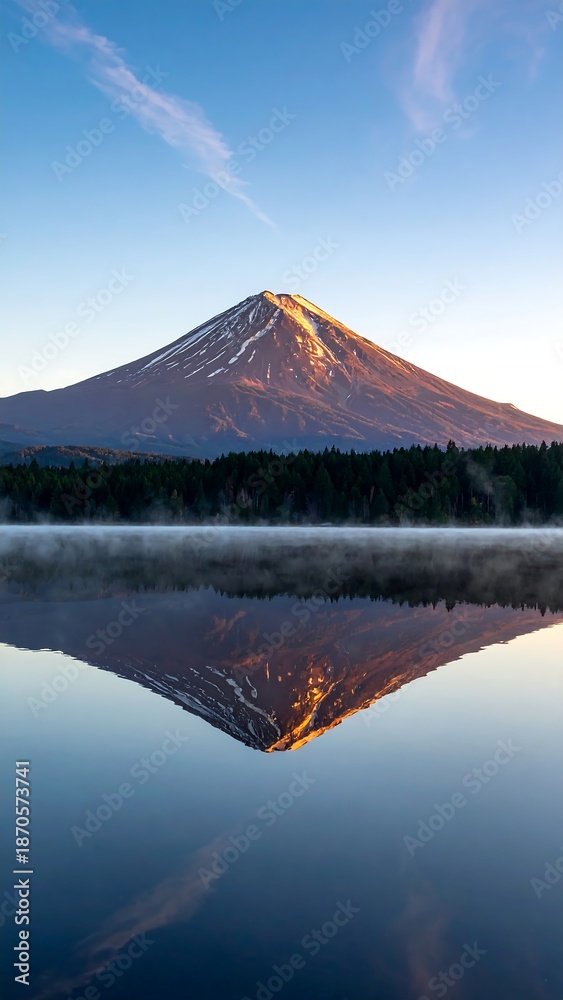 Fototapeta premium Majestic mountain peak reflected in tranquil lake during a clear dawn