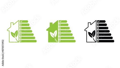 Three green and black house icons with energy efficiency ratings on a white background