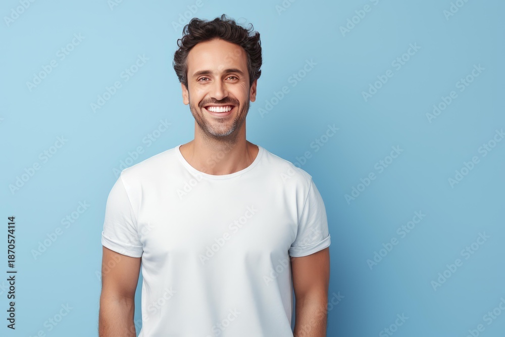Fototapeta premium Cheerful man in a white t shirt broadly smiling, expressing happiness and joy