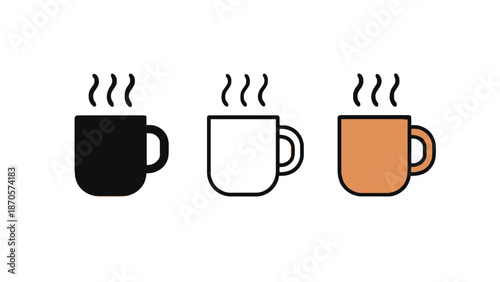 Three steaming coffee cups in black, white, and brown on a plain background