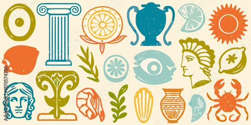 Ancient greece themed decorative elements pottery columns and mythological symbols