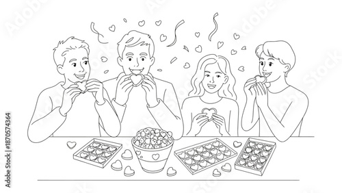 Family of four relish the Heart-shaped treat, each member savors the delicate candies, creating a cherished moment of love and sharing.